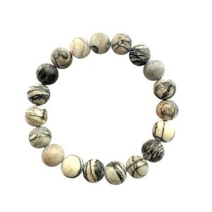 Beaded Stretch Bracelet OS Grey White Marbled Stone Zebra Jasper Style Boho